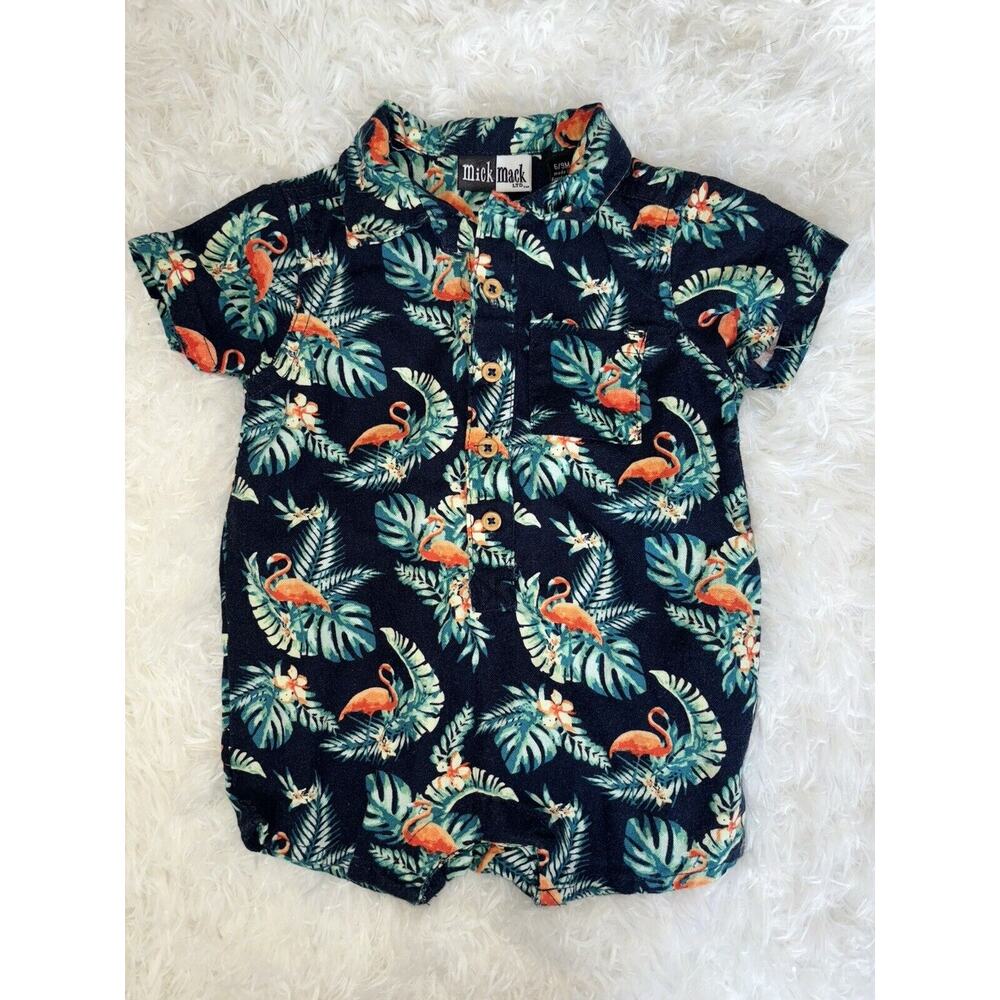 Mick Mack Boys Sz. 6/9 Mo. Linen blend Flamingo Design collar Romper. Adorable